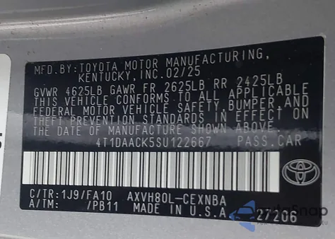 2025 Toyota Camry Le из США, поврежденный, VIN 4T1DAACK5SU122667